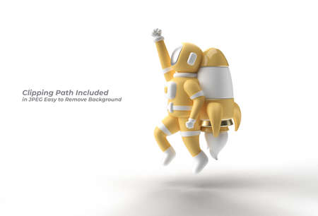 3d Render Spaceman Astronaut Flying with Rocket Pen Tool Created Clipping Path Included in JPEG Easy to Composite.の写真素材