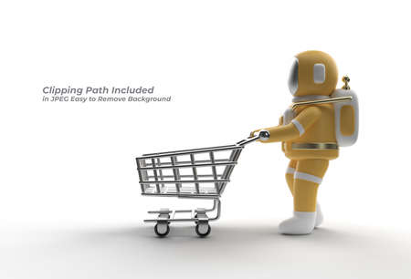 3D Render Astronaut with Shopping Cart Pen Tool Created Clipping Path Included in JPEG Easy to Composite.の写真素材