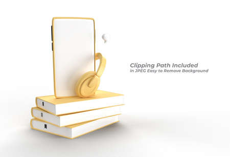 Smartphone with headphone for audio e-books in audio format Pen Tool Created Clipping Path Included in JPEG Easy to Composite.の写真素材