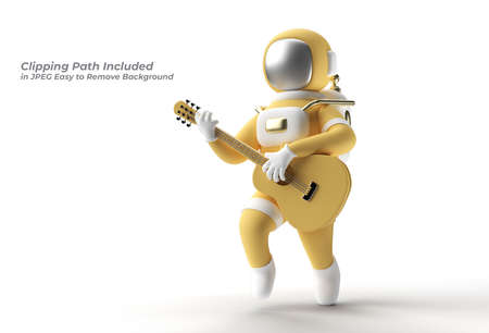 Astronaut in Playing Guitar Pen Tool Created Clipping Path Included in JPEG Easy to Composite.の写真素材