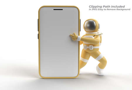 Astronaut Hand Pointing Finger Smartphone Mockup Pen Tool Created Clipping Path Included in JPEG Easy to Composite.の写真素材