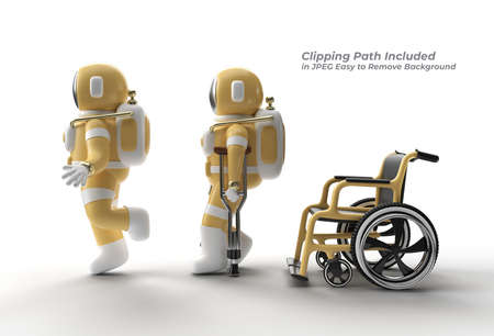 Astronaut Disabled Using Crutches To Walk with Weelchair Pen Tool Created Clipping Path Included in JPEG Easy to Composite.の写真素材