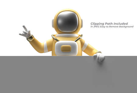 Astronaut Hand Pointing with Holding a Banner Pen Tool Created Clipping Path Included in JPEG Easy to Composite.の写真素材