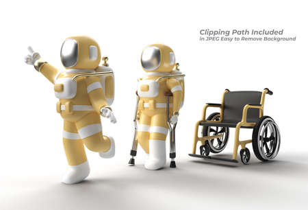 Astronaut Disabled Using Crutches To Walk with Weelchair Pen Tool Created Clipping Path Included in JPEG Easy to Composite.の写真素材