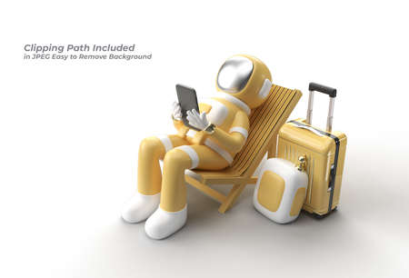 Astronaut Sitting on Chair Using Phone with Travel Suitcase Pen Tool Created Clipping Path Included in JPEG Easy to Composite.の写真素材