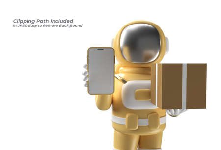 Astronaut Delivering a Package with Mobile Mockup Pen Tool Created Clipping Path Included in JPEG Easy to Composite.の写真素材