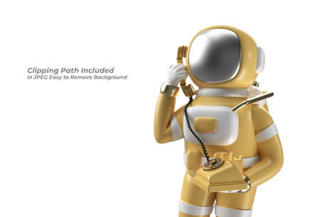 Astronaut Calling Gesture with Old Telephone Pen Tool Created Clipping Path Included in JPEG Easy to Composite.の写真素材