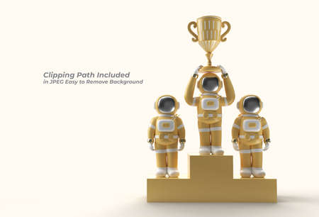 Successful Astronaut Got the First Prize Trophy Pen Tool Created Clipping Path Included in JPEG Easy to Composite.の写真素材