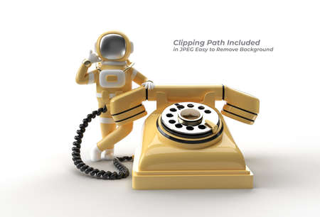 Astronaut Calling Gesture with Old Telephone Pen Tool Created Clipping Path Included in JPEG Easy to Composite.の写真素材