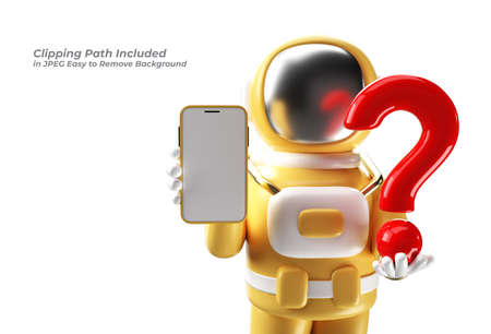 Astronaut Holding Question Mark with Blank Mobile Mockup Pen Tool Created Clipping Path Included in JPEG Easy to Composite.の写真素材
