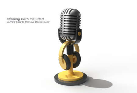 Retro microphone on short leg and stand with Headphone Pen Tool Created Clipping Path Included in JPEG Easy to Composite.の写真素材