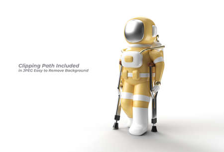 Astronaut Disabled Using Crutches To Walk Pen Tool Created Clipping Path Included in JPEG Easy to Composite.の写真素材