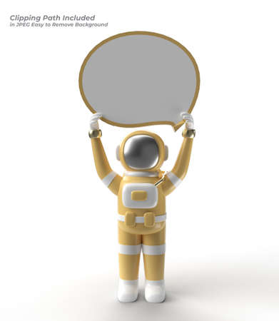 Astronaut Holding a White Banner Pen Tool Created Clipping Path Included in JPEG Easy to Composite.の写真素材