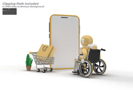 Mobile Online Shopping Mockup with Astronaut in Wheelchair Web Bannerの写真素材