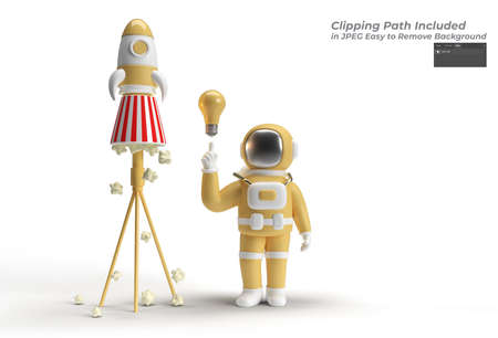 Astronaut Hand Pointing Finger Light idea Bulb Gesture with Space Rocket designの写真素材