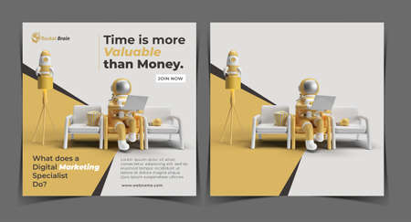 Astronaut in Spacesuit Working on Laptop Digital Concept Banner Template.の写真素材