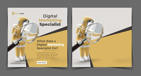 Astronaut Holding Magnify Glass Digital Concept Banner Template.の写真素材