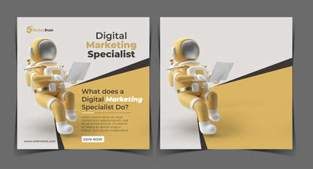 Astronaut Working on Laptop Digital Concept Banner Template.の写真素材