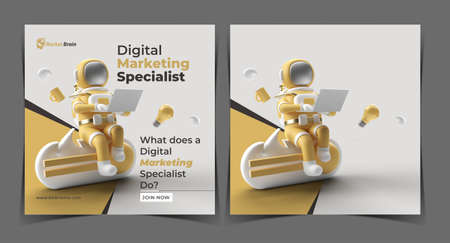 Astronaut in Spacesuit Working on Laptop Digital Concept Banner Template.の写真素材