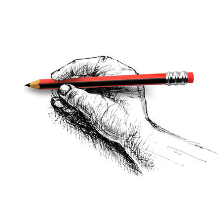 Hand holding pencil sketch isolated on white backgroundの写真素材