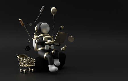 Black Friday Sale Banner Template Astronaut working on laptop.の写真素材