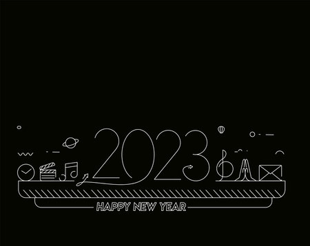 2023 Happy New Year Text with music icons Design Patter, Vector illustration.