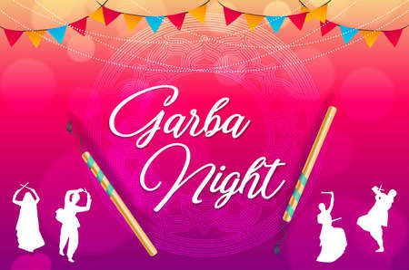 creative design for Navratri Dandiya in disco Garba Night couple dance with pink backgroundのイラスト素材