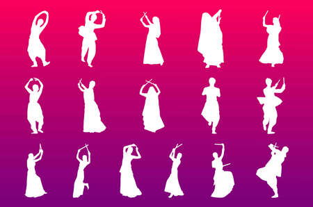 garba dance vector of couple playing Dandiya with purple backgroundのイラスト素材