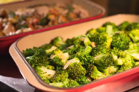 closeup broccoli in a tray for buffet in hotelの写真素材