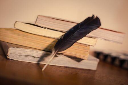 feather with many books on wood tableの写真素材