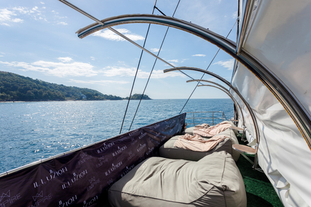 Phuket, Thailand - 17 January 2018: top view of luxury boat with summer bedsのeditorial素材