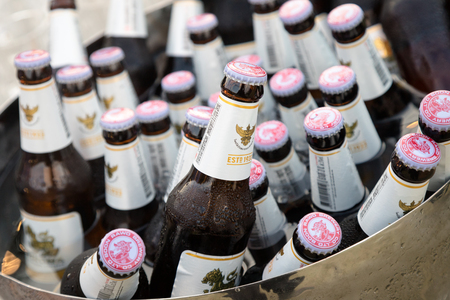 PHUKET, THAILAND - 30 January 2019 : Thai beers brand name "Singha", many bottle put for make cold in the bucketのeditorial素材