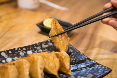 Close up chopstick holding one piece of Gyoza or Dumpling from the combo set plateの写真素材