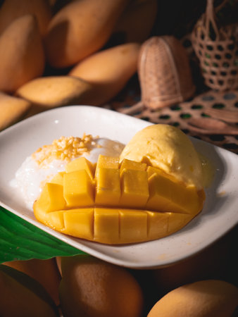 A vibrant and mouthwatering mango dessert featuring luscious slices of fresh mango, sticky rice, and creamy ice cream, perfect for summer enjoyment.の写真素材