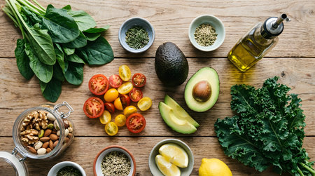 Explore a vibrant arrangement of fresh vegetables and healthy ingredients ideal for cooking and salads. Perfect for nutritious meal preparations.の素材