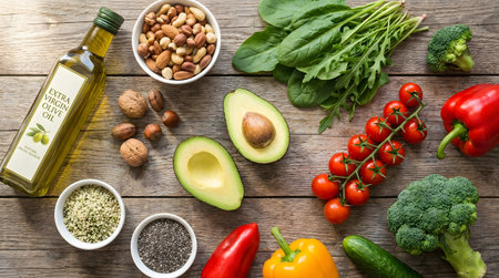 A vibrant display of fresh organic ingredients ideal for healthy cooking. Featuring olive oil, avocado, colorful peppers, nuts, and greens for nutritious meal preparations.の素材