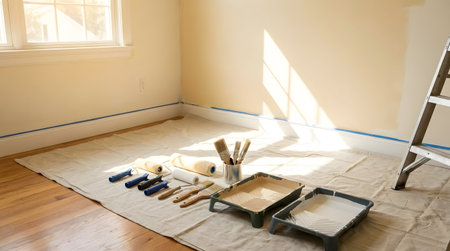 A sunlit room prepared for painting, showcasing brushes, paint rollers, and trays. The warm atmosphere invites creativity for home improvement projects.の素材