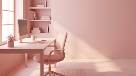A serene office space featuring a modern desk, computer, and plant. The light-filled room reflects minimalist design, ideal for productivity and creativity.の素材