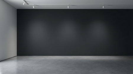 A spacious and minimalist gallery featuring empty grey walls and soft lighting, ideal for art exhibitions or creative showcases. The serene ambiance invites inspiration and creativity.の素材