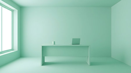 A serene and minimalist office space featuring a simple desk with a laptop. The soft green walls and ample natural light create a calming atmosphere ideal for focused work.の素材