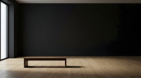 A minimalist interior scene featuring a wooden bench against a dark wall, illuminated by natural light. The design emphasizes simplicity and elegance, ideal for modern spaces.の素材