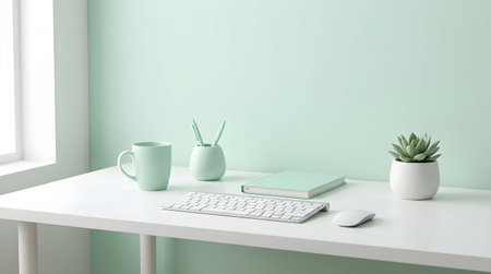 A serene and stylish workspace featuring mint green accents, a sleek desk, and essential tools to inspire productivity and creativity.の素材