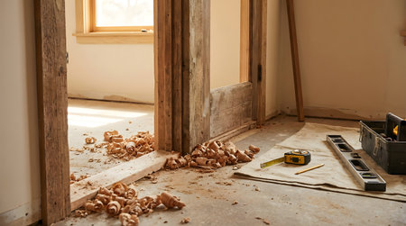 A cluttered workshop scene showing wood shavings scattered on the floor alongside renovation tools including a measuring tape and a toolbox.の素材