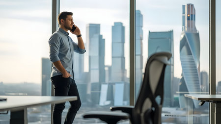 A businessman stands in a modern office, engaged in a phone call while overlooking a stunning urban skyline. The image captures professionalism and focus.の素材