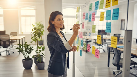 A professional woman engages in creative brainstorming by writing ideas on a glass board filled with colorful sticky notes in a stylish office environment.の素材