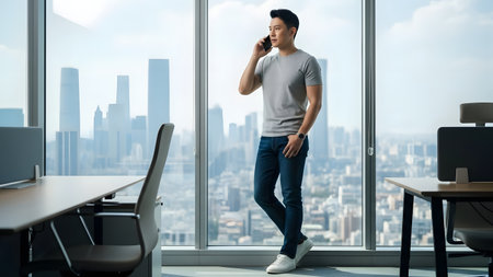 A businessman dressed in casual attire makes a phone call while standing in a modern office. The city skyline fills the view, showcasing a bright urban atmosphere.の素材