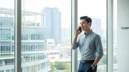 A professional man in business attire stands by a large window, engaged in a phone call while overlooking a modern cityscape, embodying corporate lifestyle and professionalism.の素材