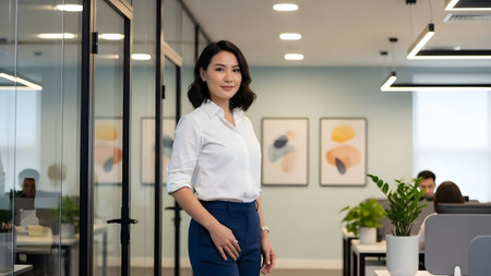 A confident businesswoman stands in a modern office, showcasing a stylish and professional look. The bright workspace enhances productivity and collaboration.の素材