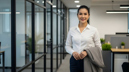 A confident businesswoman stands in a modern office, dressed in professional attire, exuding positivity and approachability, perfect for career-themed visuals.の素材