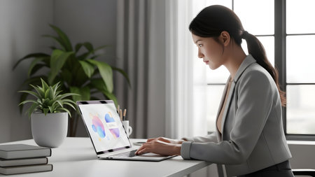 A focused woman is working on her laptop in a modern office environment. The light fills the room, enhancing a minimalist aesthetic. Plants add a touch of nature to the workspace.の素材